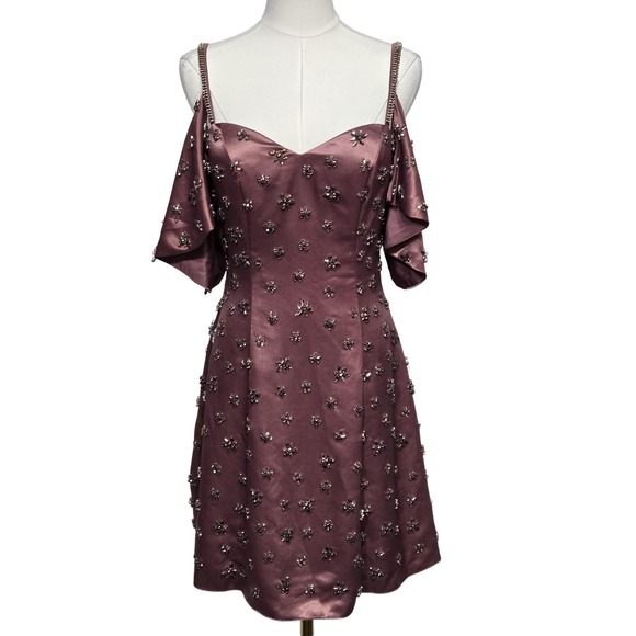 Sherri Hill Dress Womens 2 Mauve Beaded Cold Shoulder Rhinestone Straps A-Line - Picture 1 of 16